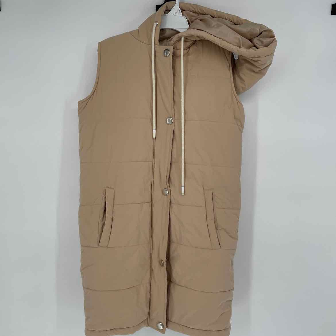 PINK LILY TAN LONG PUFFER VEST XS