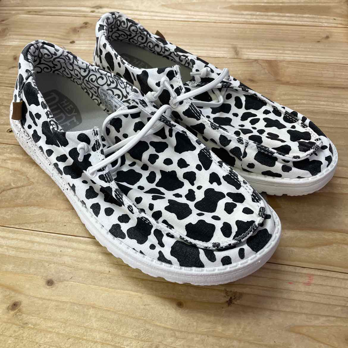 HEY DUDE WENDY COW PRINT SHOES 9