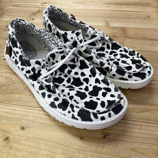 HEY DUDE WENDY COW PRINT SHOES 9