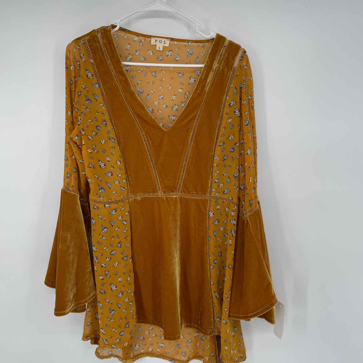 POL MUSTARD FLORAL/VELVET BLOUSE L
