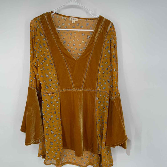 POL MUSTARD FLORAL/VELVET BLOUSE L