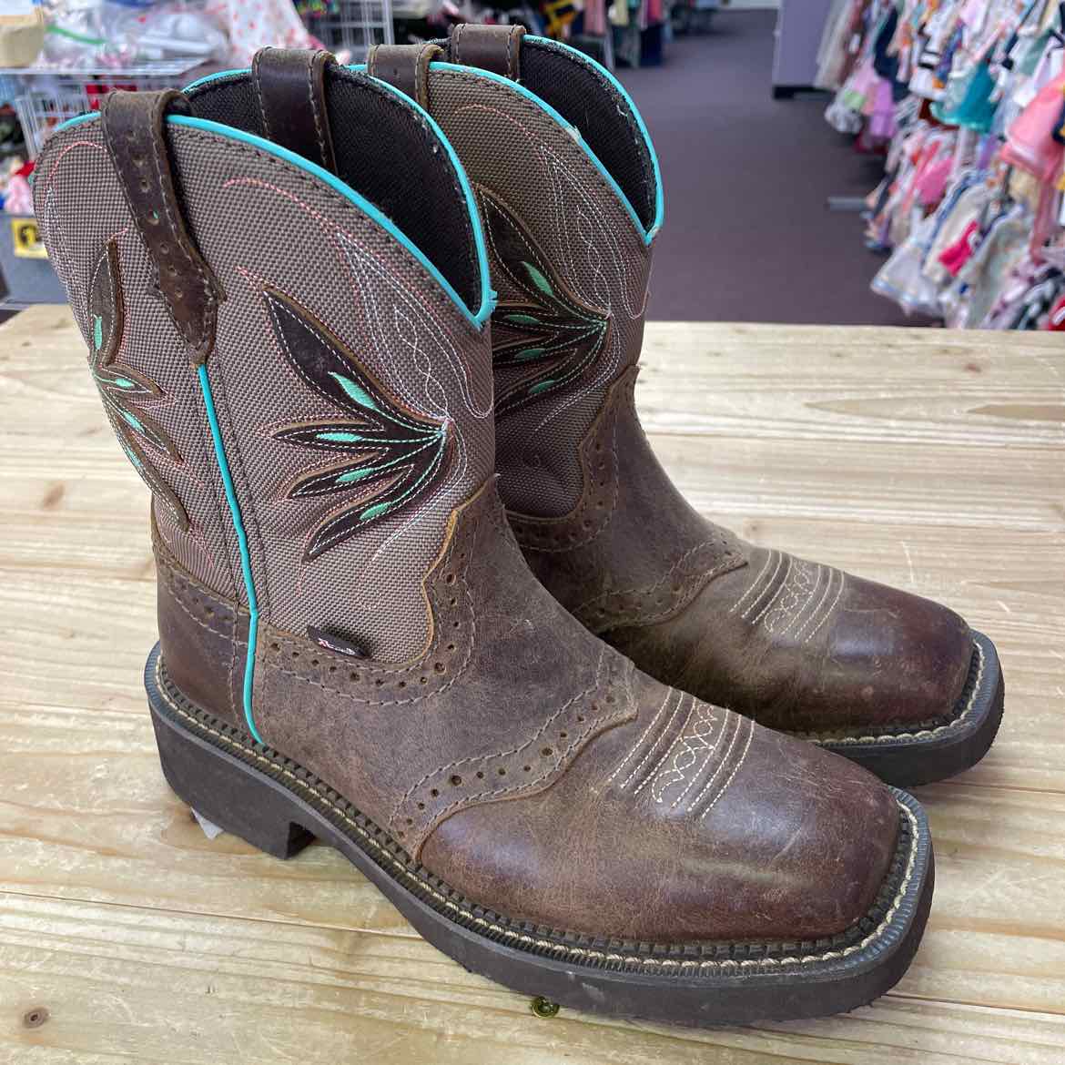 JUSTIN BOOTS BROWN/AQUA 6.5