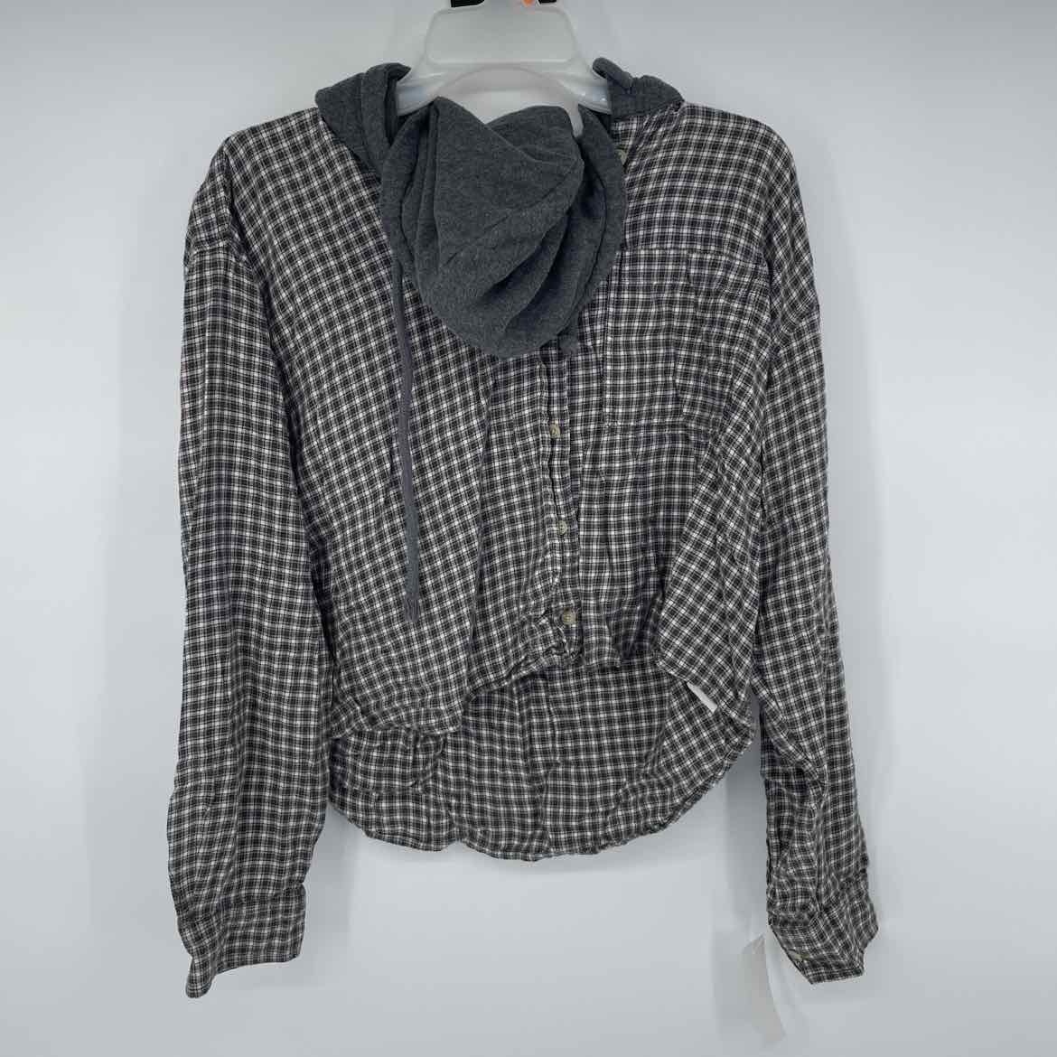 AMERICAN EAGLE PLAID CROPPED HOODED SHIRT L