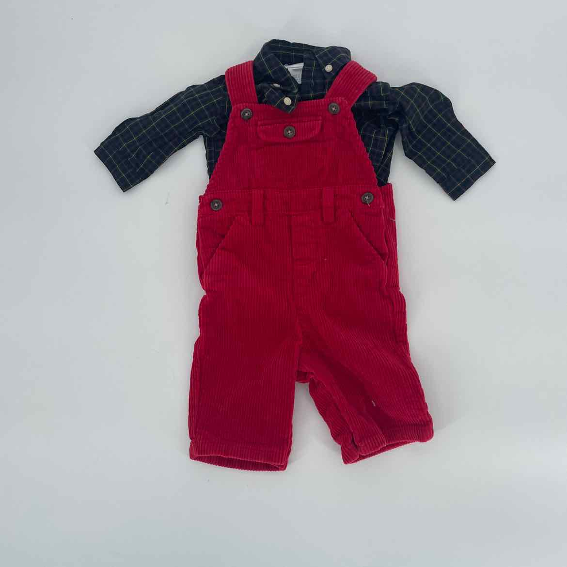 RALPH LAUREN RED CORD OVERALLS/PLAID SHIRT 3 MOS