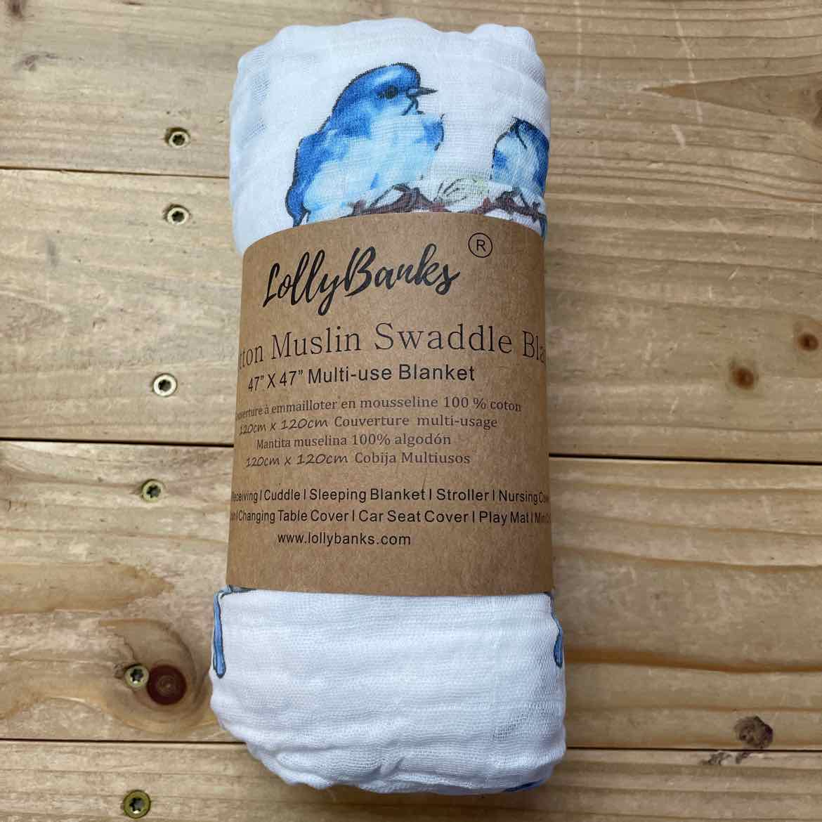 NEW! LOLLY BANKS BLUEBIRD MUSLIN SWADDLE 47X47