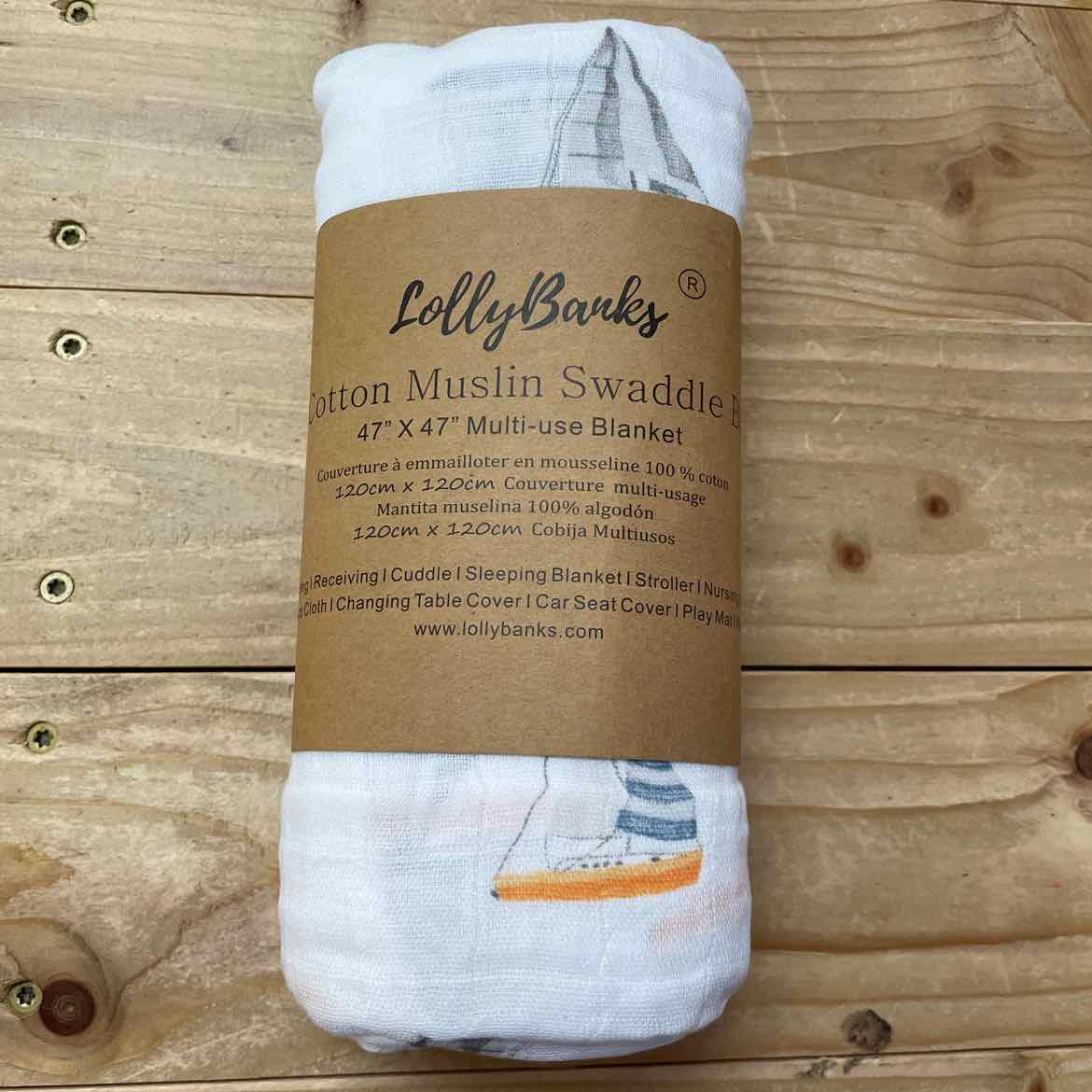 NEW! LOLLY BANKS SAILBOAT MUSLIN SWADDLE 47X47